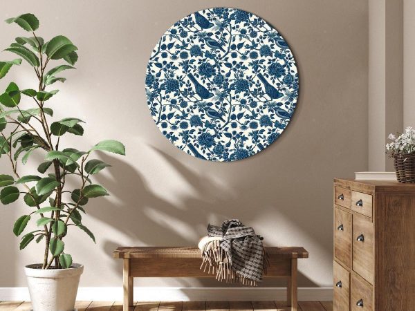 Tableau rond - Birds and roses - monochrome blue pattern with botanical motif Tableau rond - Birds and roses - monochrome blue pattern with botanical motif