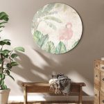 Tableau rond - Birds wading among exotic flora - Flamingos amidst lush tropical vegetation in soft pastel shades of green