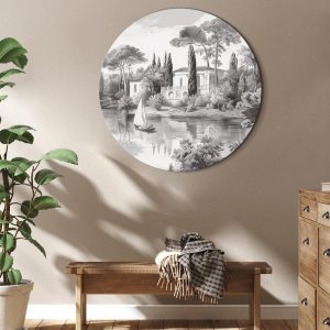 Tableau rond - Black and white vintage landscape with a pond