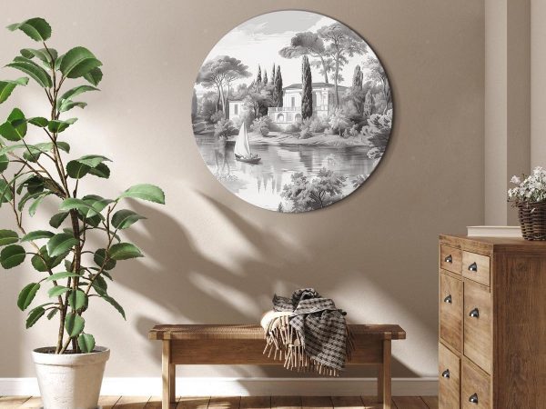 Tableau rond - Black and white vintage landscape with a pond Tableau rond - Black and white vintage landscape with a pond
