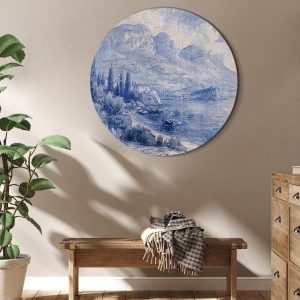 Tableau rond - Blue bay - Italian landscape of Lake Como painted with blue ink