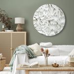 Tableau rond - Carved Nature - Pattern With White Leaves Made of Stone