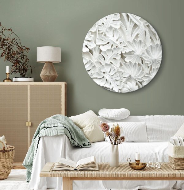 Tableau rond - Carved Nature - Pattern With White Leaves Made of Stone Tableau rond - Carved Nature - Pattern With White Leaves Made of Stone