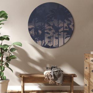Tableau rond - Evening in an exotic forest - Tropical greenery under the cover of night against the backdrop of mountainous terrain