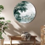 Tableau rond - Landscape with a park and lake in retro greens