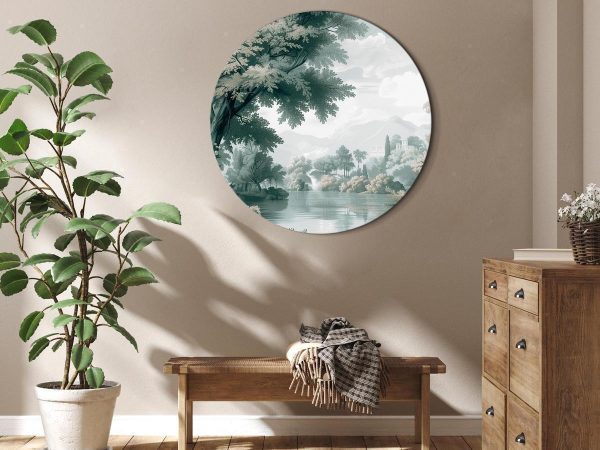 Tableau rond - Landscape with a park and lake in retro greens Tableau rond - Landscape with a park and lake in retro greens