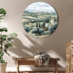 Tableau rond - Landscape with sunny green fields
