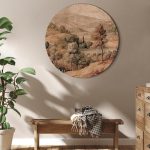Tableau rond - Mediterranean landscape - old tapestry with a hill and a lake