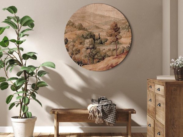 Tableau rond - Mediterranean landscape - old tapestry with a hill and a lake Tableau rond - Mediterranean landscape - old tapestry with a hill and a lake