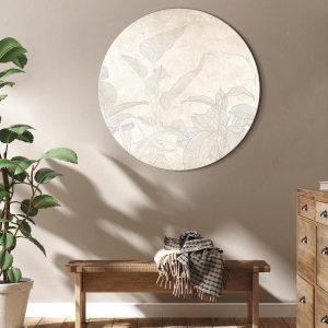 Tableau rond - Muted exotic greenery - Delicate outlines of tropical shrubs on beige and sand background