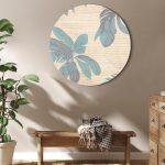 Tableau rond - Palm trees behind the mist - Showy palm leaves in a soft shade of green on a slightly wavy sand background