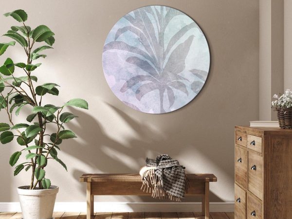 Tableau rond - Palm trees in the fog - Palm trees among pastel clouds in purple and celadon tones Tableau rond - Palm trees in the fog - Palm trees among pastel clouds in purple and celadon tones