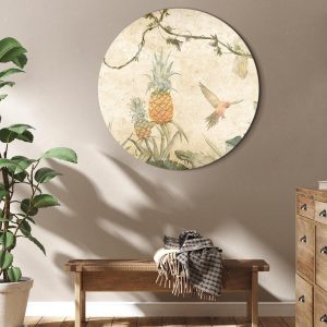 Tableau rond - Tropics in muted colors - Parrots and pineapples amidst lush exotic flora in soft shades of green