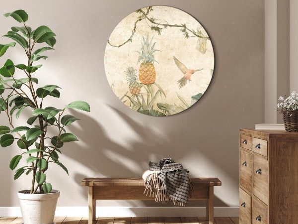 Tableau rond - Tropics in muted colors - Parrots and pineapples amidst lush exotic flora in soft shades of green Tableau rond - Tropics in muted colors - Parrots and pineapples amidst lush exotic flora in soft shades of green