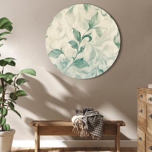 Tableau rond - Watercolor Botanical Motif: Delicate Green-Beige Leaves