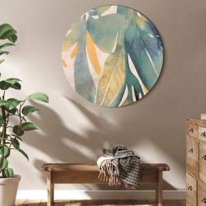 Tableau rond - Watercolor exotics - Hanging delicate tropical plants in colors of green and yellow on a beige background