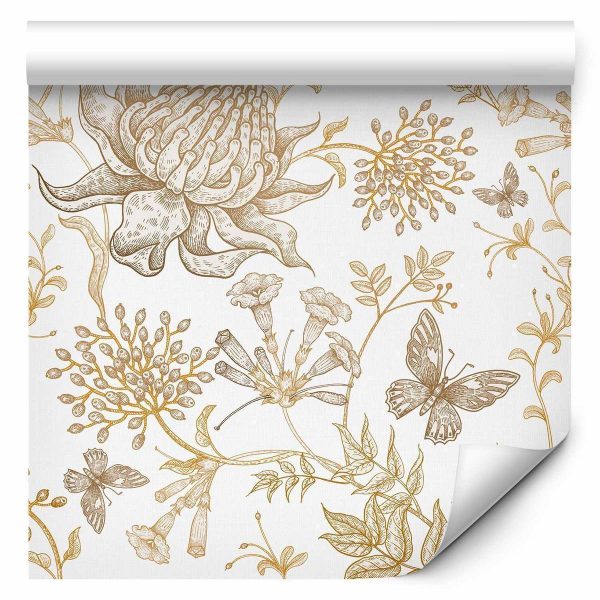 Tapisserie murale - Beige flowers and butterflies on white background
