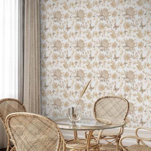 Tapisserie murale - Beige flowers and butterflies on white background