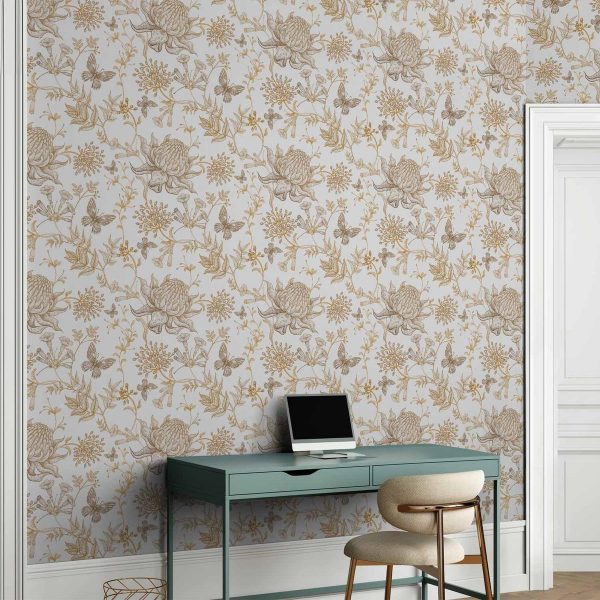 Tapisserie murale - Beige flowers and butterflies on white background