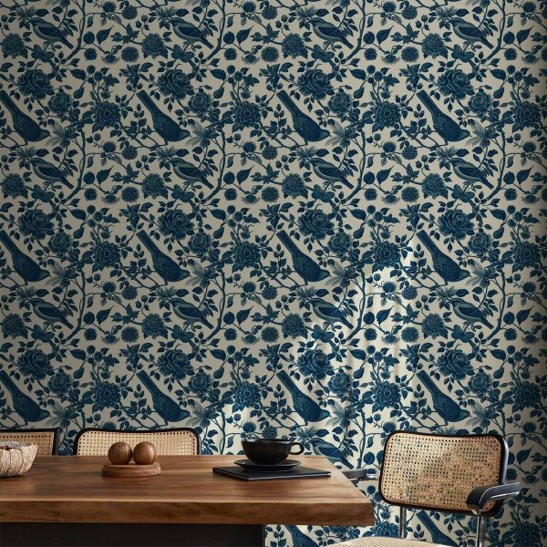 Tapisserie murale - Birds and roses - monochrome blue pattern with botanical motif