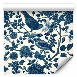 Tapisserie murale - Birds and roses - monochrome blue pattern with botanical motif