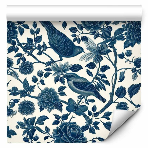 Tapisserie murale - Birds and roses - monochrome blue pattern with botanical motif