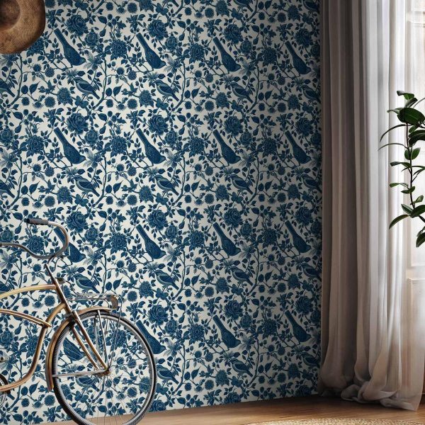 Tapisserie murale - Birds and roses - monochrome blue pattern with botanical motif