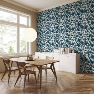 Tapisserie murale - Birds and roses - monochrome blue pattern with botanical motif
