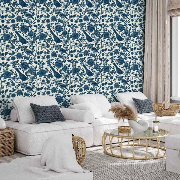 Tapisserie murale - Birds and roses - monochrome blue pattern with botanical motif