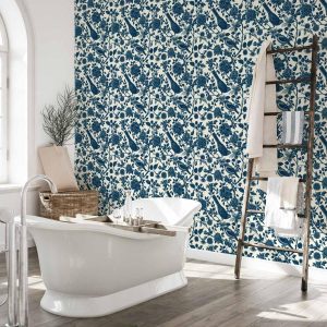 Tapisserie murale - Birds and roses - monochrome blue pattern with botanical motif