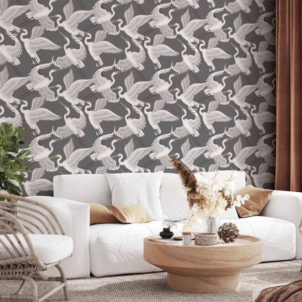 Tapisserie murale - Flying birds – a delicate pattern of white and grey herons on a grey background Tapisserie murale - Flying birds – a delicate pattern of white and grey herons on a grey background