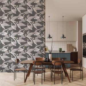 Tapisserie murale - Flying birds – a delicate pattern of white and grey herons on a grey background