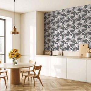 Tapisserie murale - Flying birds – a delicate pattern of white and grey herons on a grey background