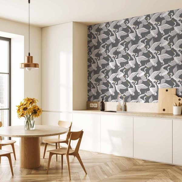 Tapisserie murale - Flying birds – a delicate pattern of white and grey herons on a grey background