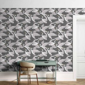 Tapisserie murale - Flying birds – a delicate pattern of white and grey herons on a grey background