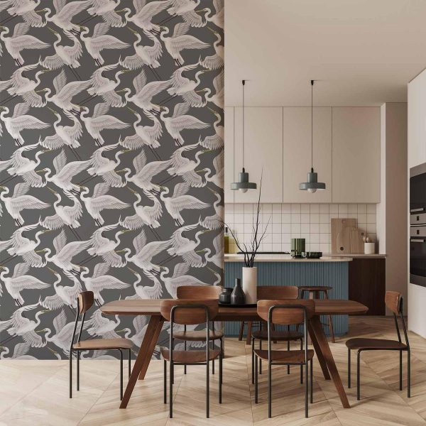 Tapisserie murale - Flying birds – a delicate pattern of white and grey herons on a grey background