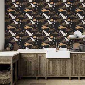 Tapisserie murale - Oriental impressions - decorative pattern with a motif of flying cranes on a dark background