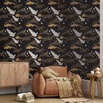 Tapisserie murale - Oriental impressions - decorative pattern with a motif of flying cranes on a dark background