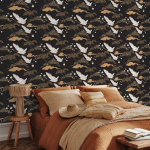 Tapisserie murale - Oriental impressions - decorative pattern with a motif of flying cranes on a dark background