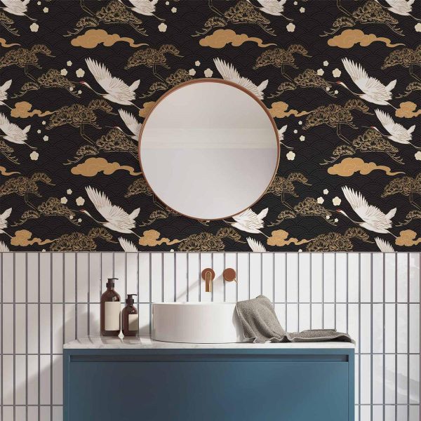 Tapisserie murale - Oriental impressions - decorative pattern with a motif of flying cranes on a dark background