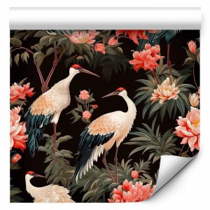 Tapisserie murale - Ornament with birds - silhouettes of cranes and peony flowers on a dark background
