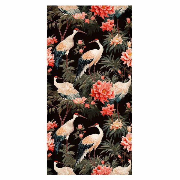Tapisserie murale - Ornament with birds - silhouettes of cranes and peony flowers on a dark background