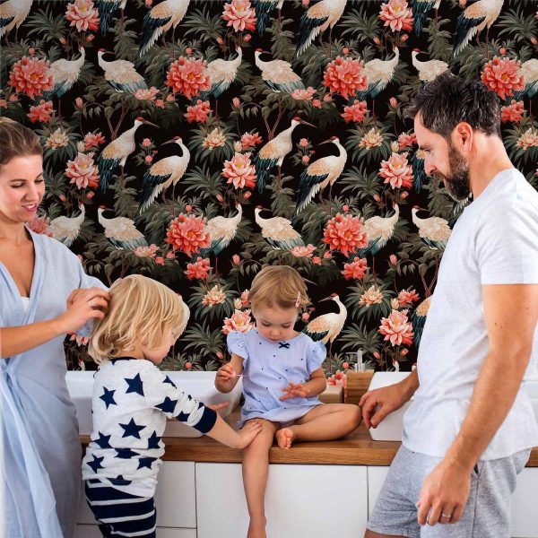 Tapisserie murale - Ornament with birds - silhouettes of cranes and peony flowers on a dark background