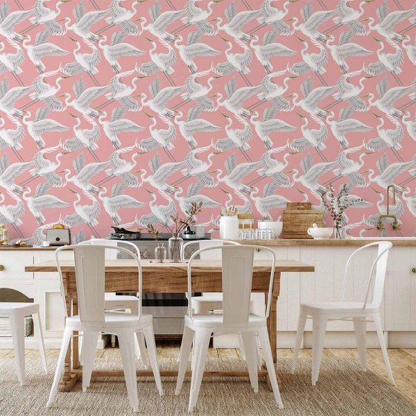 Tapisserie murale - Pastel birds – a delicate pattern of white and grey herons on a light pink background