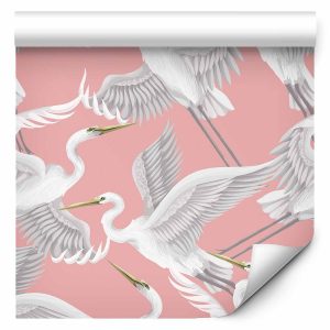 Tapisserie murale - Pastel birds – a delicate pattern of white and grey herons on a light pink background