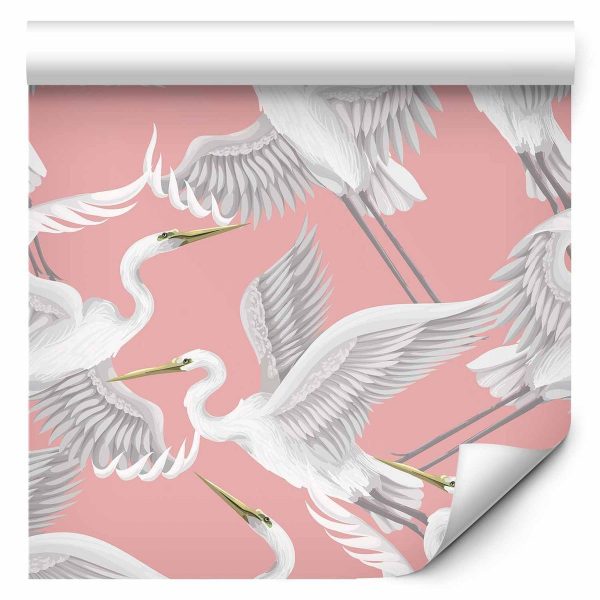Tapisserie murale - Pastel birds – a delicate pattern of white and grey herons on a light pink background