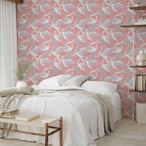 Tapisserie murale - Pastel birds – a delicate pattern of white and grey herons on a light pink background