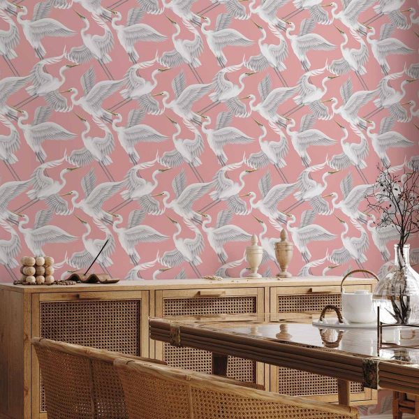 Tapisserie murale - Pastel birds – a delicate pattern of white and grey herons on a light pink background