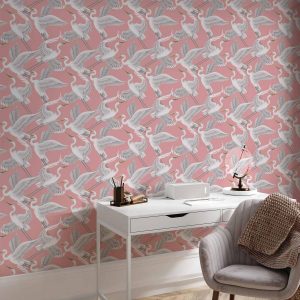 Tapisserie murale - Pastel birds – a delicate pattern of white and grey herons on a light pink background