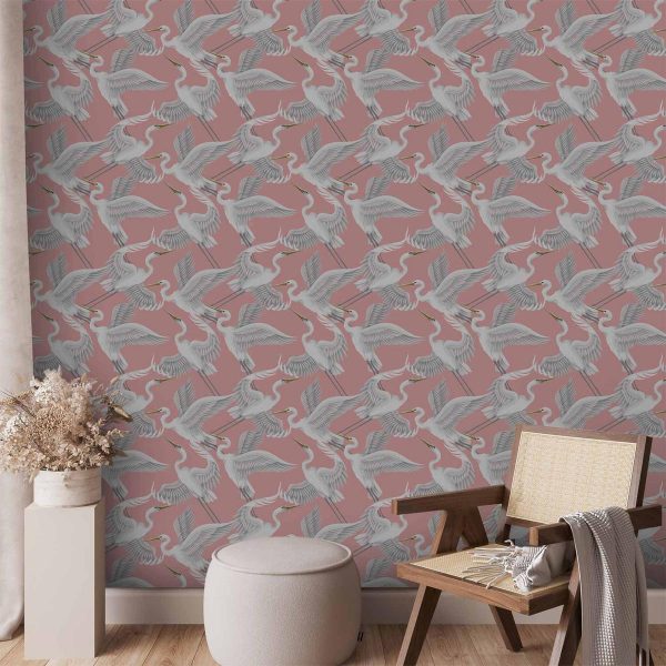 Tapisserie murale - Pastel birds – a delicate pattern of white and grey herons on a light pink background Tapisserie murale - Pastel birds – a delicate pattern of white and grey herons on a light pink background